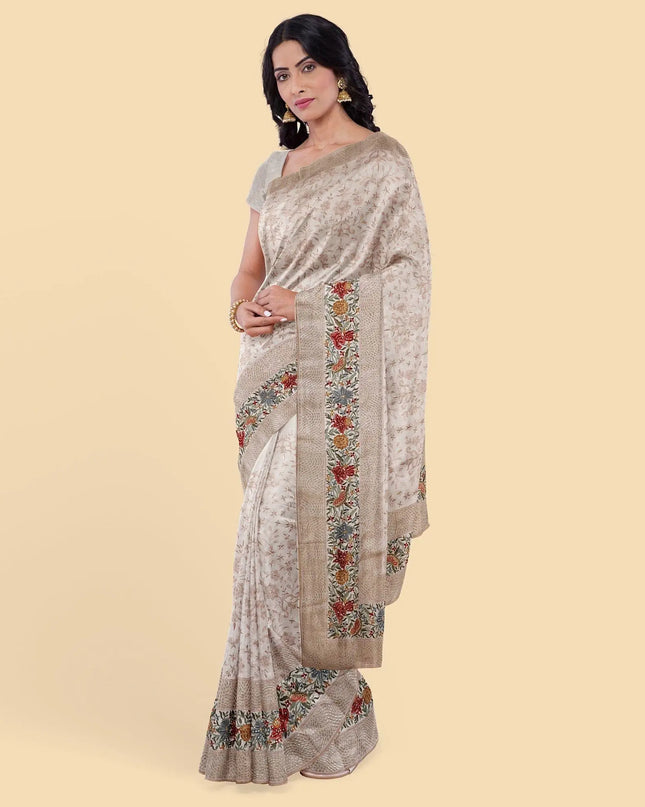 Oyster pink synthetic chiffon saree with multicolor embroidery, sequins and stone work in floral design. Same color blouse piece-D12758 Regal Fabrics