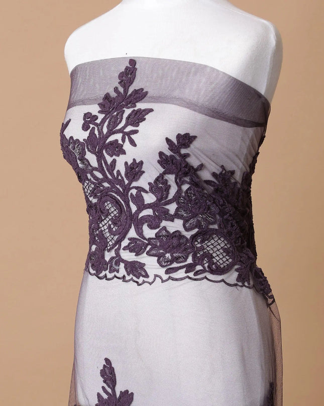 Plum nylon tulle fabric with same tone fancy embroidery in floral design-D7748 Regal Fabrics
