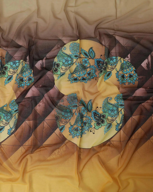 Mustard yellow, sand brown premium 100% cotton voile fabric (Thobe) with multicolor print in floral design-D9146 Regal Fabrics