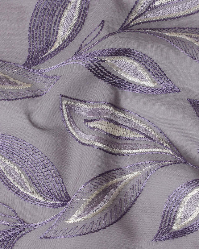 Light Lavender Premium pure cotton voile fabric with purple and beige embroidery in Leaf design-D15236