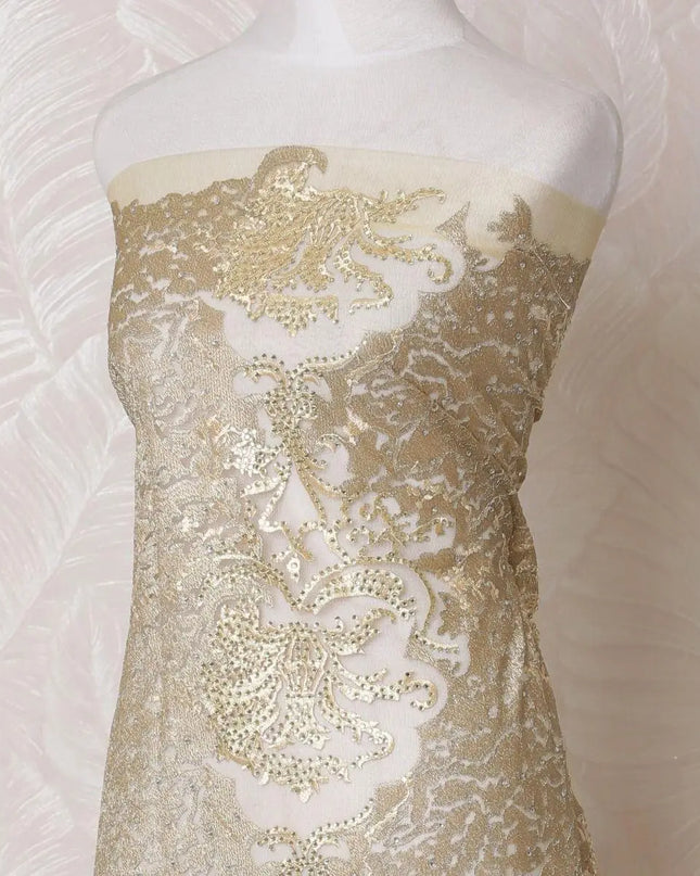 Gold nylon tulle fabric with same tone embroidery having stone work in fancy design-D14746 Regal Fabrics