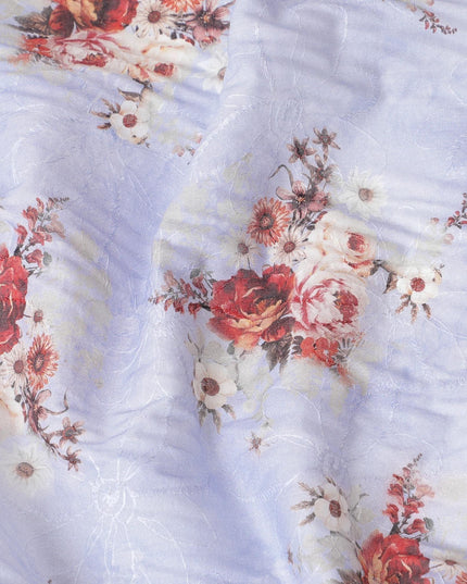 Blizzard blue cotton voile fabric with same tone embroidery having bieg, maroon and brown print in floral design-D6803
