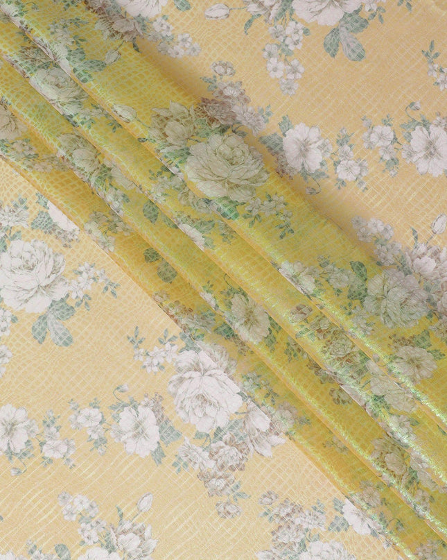 قماش شيفون من الحرير الخالص الفاخر باللون الأصفر الخردلي مع طباعة متعددة الألوان مع لوريكس معدني أخضر نيون بتصميم زهور-D15464