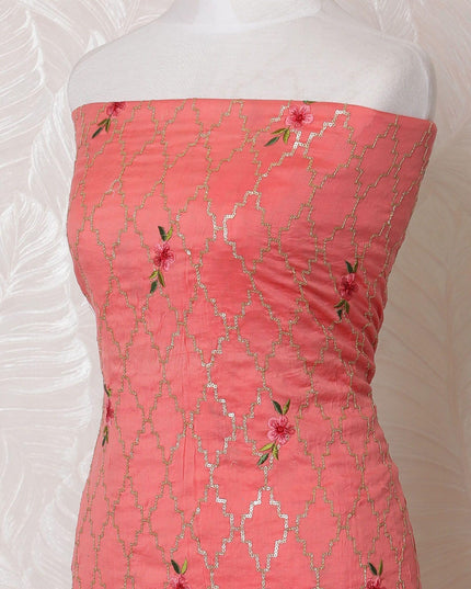 قماش قطني مخلوط بالخوخ الملكي مع تطريز ذهبي وأخضر زيتوني وخوخ بتصميم زهور-D15086