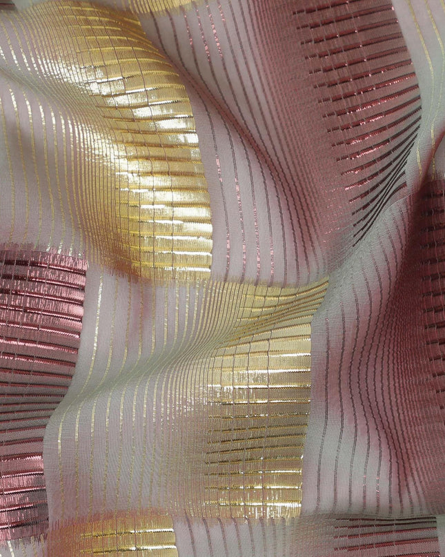 Light pink premium pure silk chiffon fabric with gold and copper metallic lurex in checks design-D11492