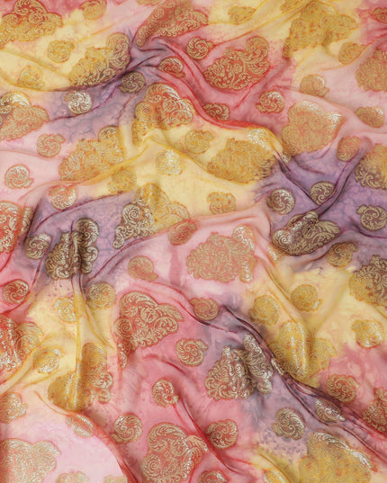 قماش شيفون حريري فرنسي (فرنساوي) فاخر متعدد الألوان مع لوركس معدني ذهبي بتصميم زهور-D14015