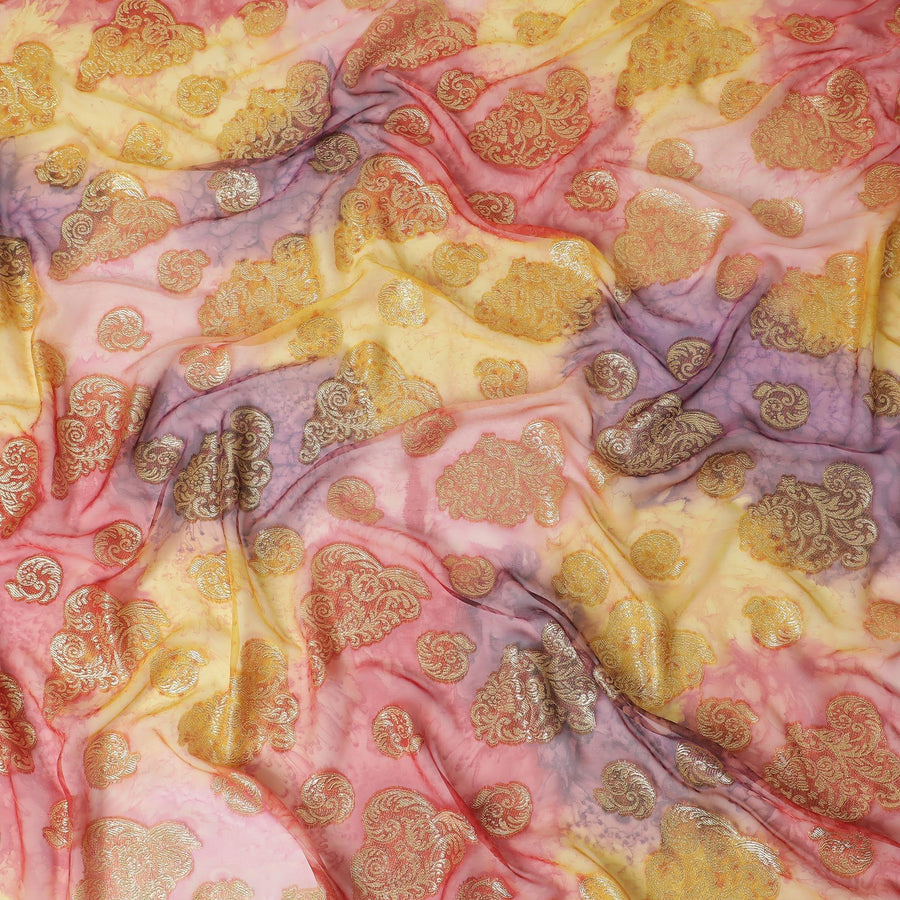 قماش شيفون حريري فرنسي (فرنساوي) فاخر متعدد الألوان مع لوركس معدني ذهبي بتصميم زهور-D14015