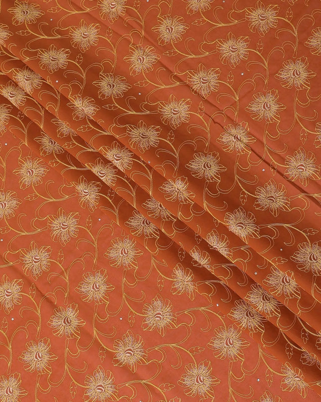 Rusty orange Premium pure 100% Swiss cotton voile (Sudanese Thobe) fabric with mustard yellow and gold embroidery having stone work in floral design-D13564 Regal Fabrics