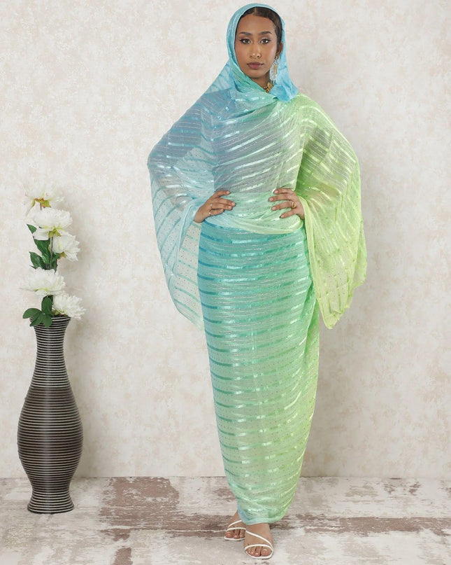 Multicolor Premium synthetic chiffon thobe with gold metallic foil print in stripe design-D14391 Regal Fabrics