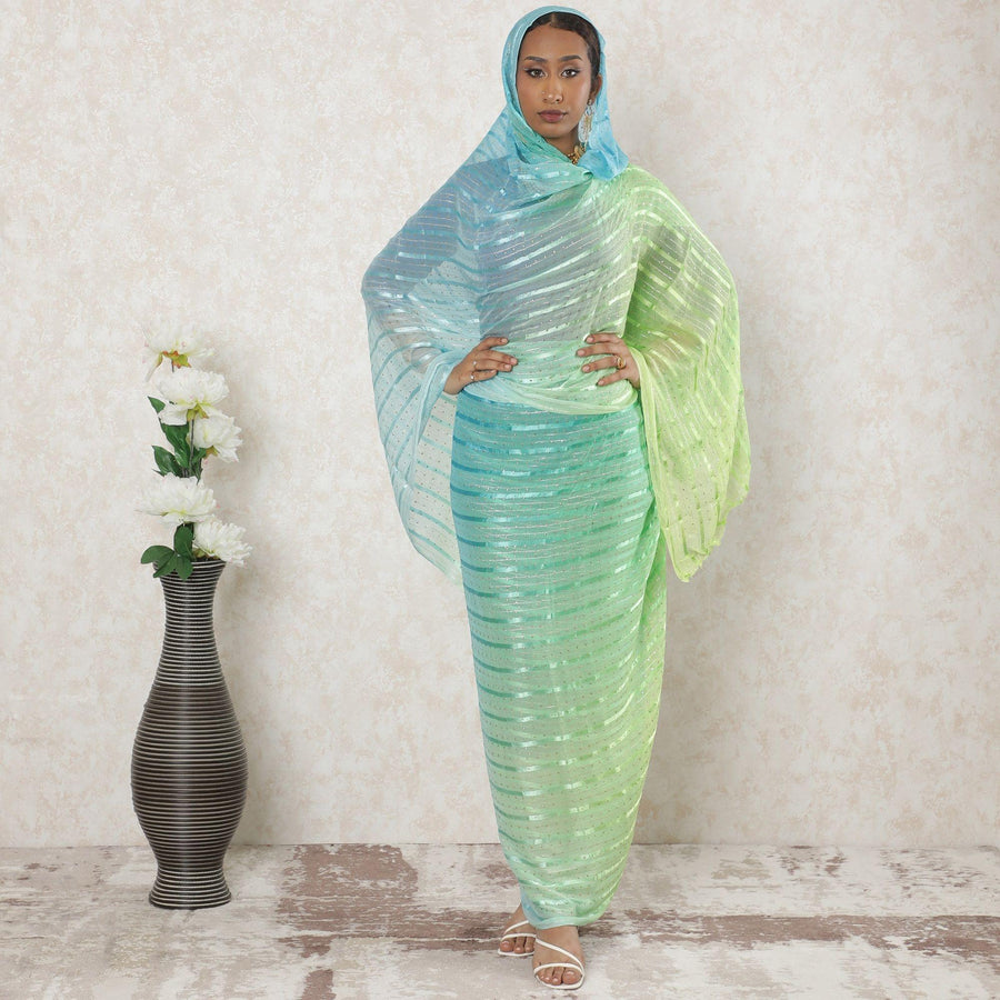 ثوب شيفون صناعي فاخر متعدد الألوان مع طباعة فويل معدنية ذهبية بتصميم مخطط -D14391