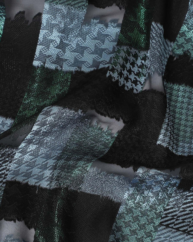 Black premium pure French (Fransawi) silk chiffon fabric with same tone and grey viscose having forest green metallic lurex in checks design-D14224