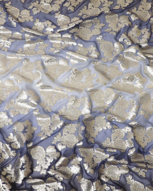 قماش شيفون حريري خالص فاخر من الأزرق الداكن إلى الأزرق الفاتح مع لوركس معدني ذهبي بتصميم زهور-D10617