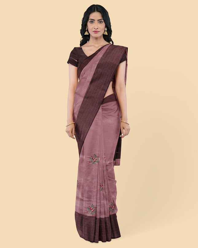 ساري حرير شانديري صناعي أرجواني من Fandango مع تطريز متعدد الألوان بتصميم زهور. بلوزة بيزنطية لون بنفسجي قطعة D12767