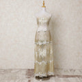 Gold nylon tulle fabric with  same tone, off white embroidery having stone work in abstract design-D14422