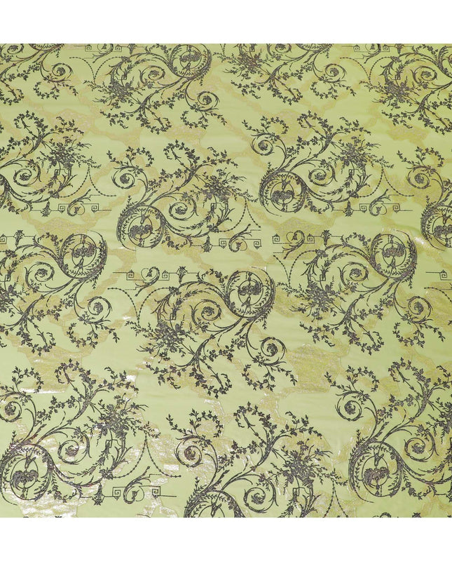 Lime green premium pure silk chiffon fabric with black flock having glitter and gold metallic lurex in floral design-D13721