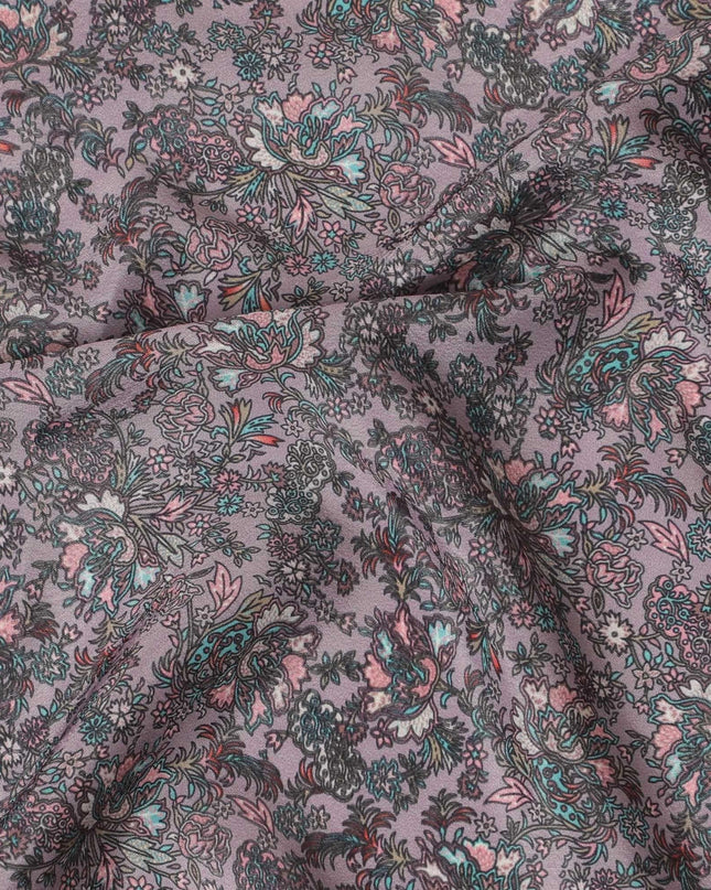 Light plum synthetic crepe fabric with multicolor print in floral design-D15034