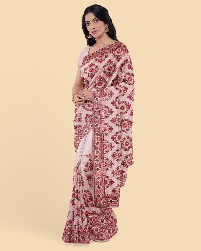 ساري جورجيت صناعي وردي اللون مع تطريز وأحجار متعددة الألوان بتصميم فاخر. قطعة بلوزة بنفس اللون-D12746