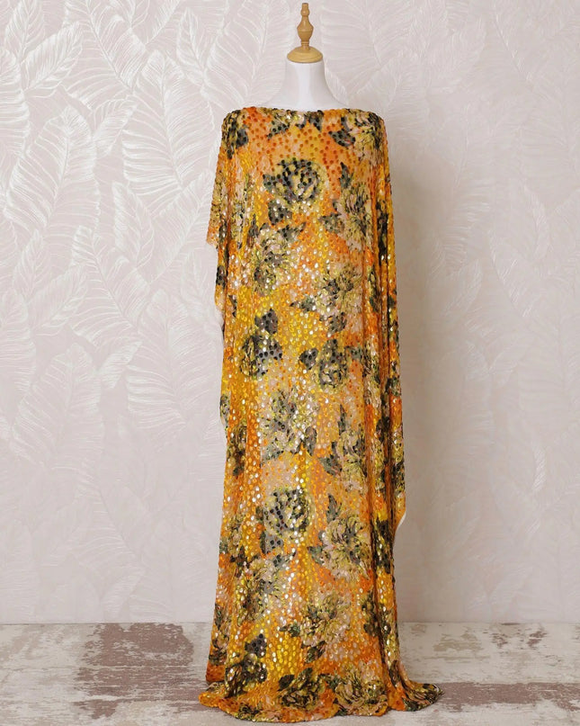 Mustard yellow Premium pure Italian silk blended velvet makmal dirac fabric with multicolor print and same tone metallic lurex in floral design-D15116 Regal Fabrics