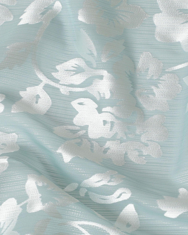 قماش شيفون من الحرير الخالص باللون الأزرق النعناعي مع جاكار فضي بتصميم زهور-D15316