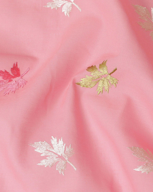 Baby pink Premium cotton voile fabric with same tone, mint green and beige embroidery in floral design-D13121