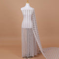 Beige nylon tulle fabric with same tone embroidery in stripe design-D9190