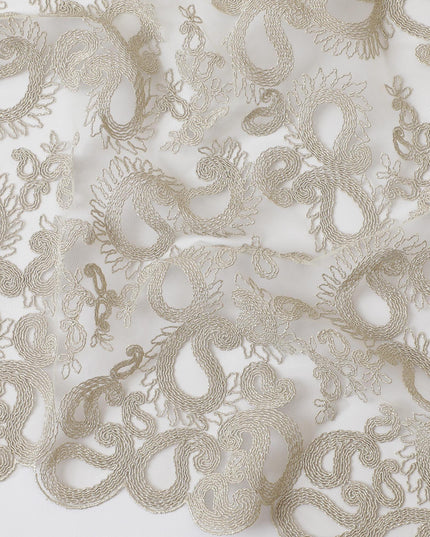 Dull gold nylon tulle fabric with same tone embroidery in paisley design-D11694