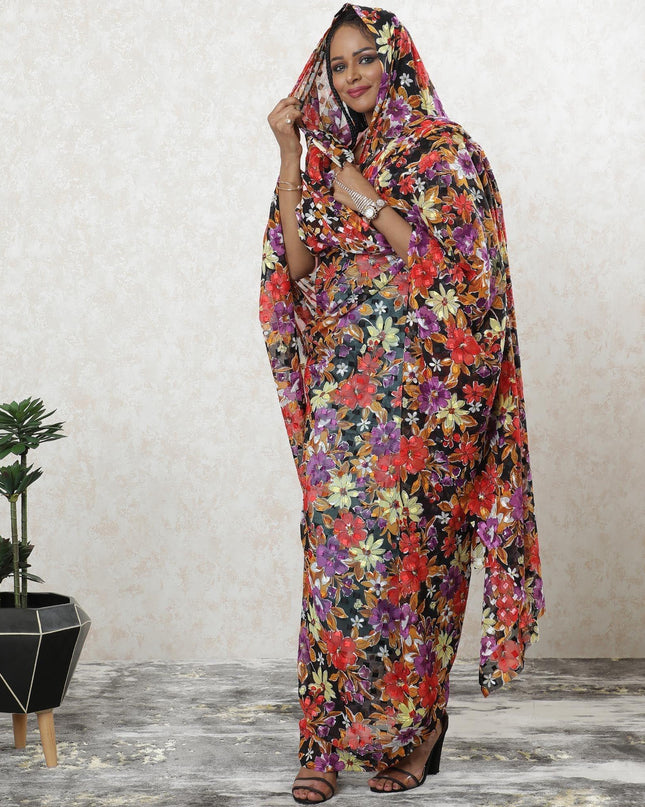 Black Premium Swiss 100% cotton voile thobe with purple, white, scarlet red and yellow print in floral design-D9489