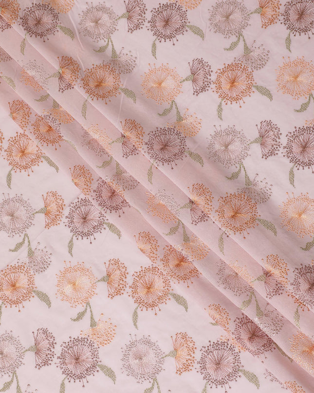 Light pink cotton voile fabric with same tone, sage green and peach embroidery in floral design-D14468
