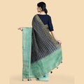 Navy blue to turquoise green imitation silk saree with gold metallic jacquard in floral design-D12785