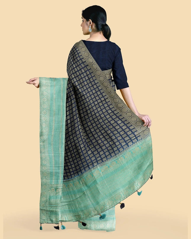 Navy blue to turquoise green imitation silk saree with gold metallic jacquard in floral design-D12785 Regal Fabrics