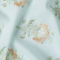 Light Turquiose blue cotton voile fabric with gold and green embroidery in floral design-11247