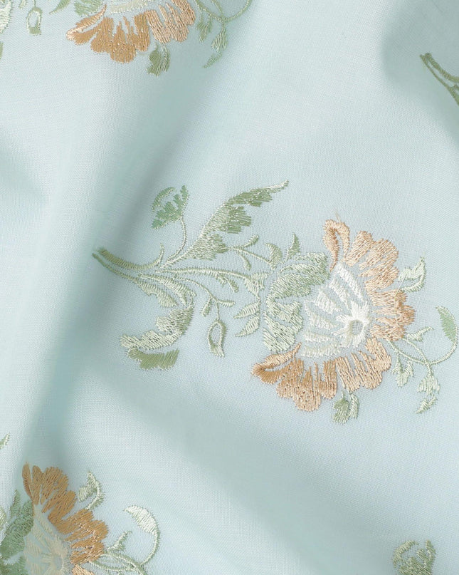 Light Turquiose blue cotton voile fabric with gold and green embroidery in floral design-11247