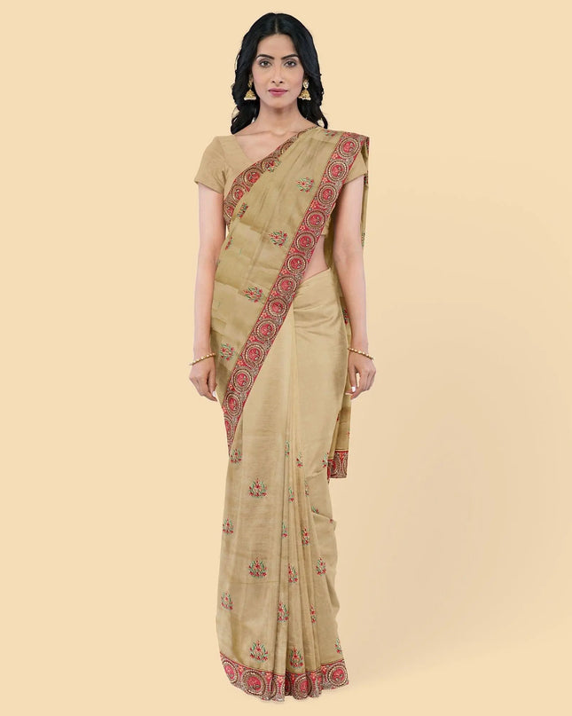 Dandelion gold synthetic tusser silk saree with embroidery in floral design. Blouse piece in same colour-D12743 Regal Fabrics