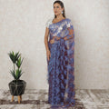 Burgundy, blue premium two tone French chantilly saree lace having stone work in floral design-D12547