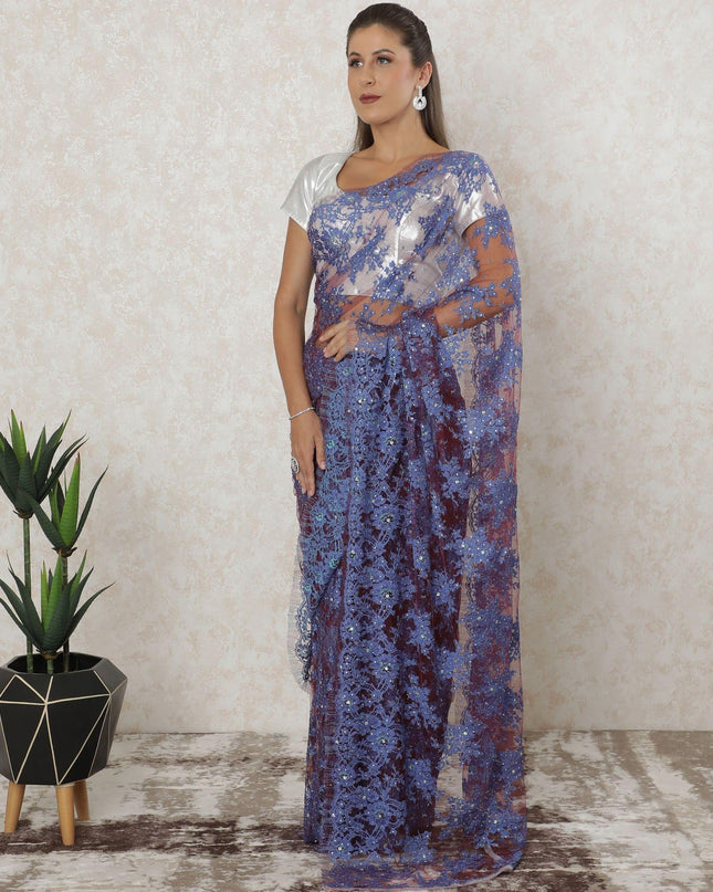 Burgundy, blue premium two tone French chantilly saree lace having stone work in floral design-D12547