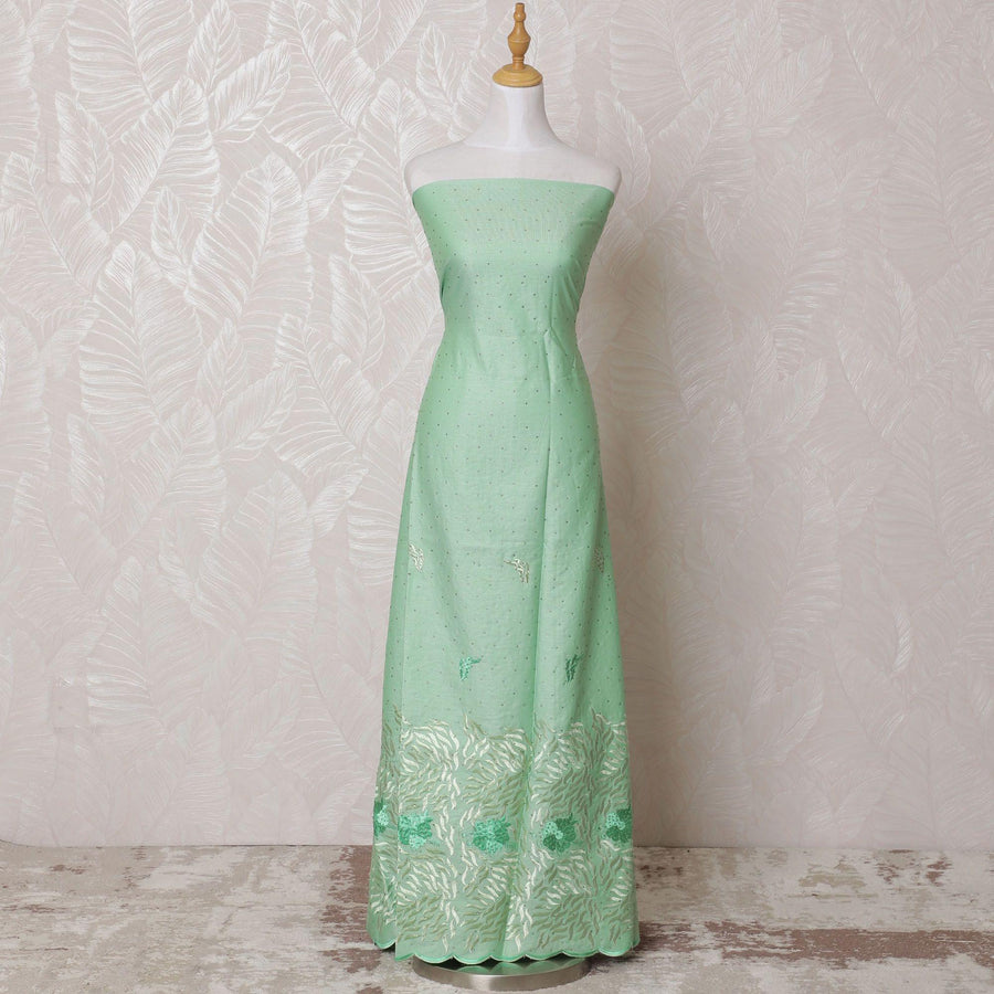 قماش قطني مخلوط باللون الأخضر النعناعي مع تطريز باللون الأخضر المريمي مع أعمال حجرية بتصميم فاخر - D14726