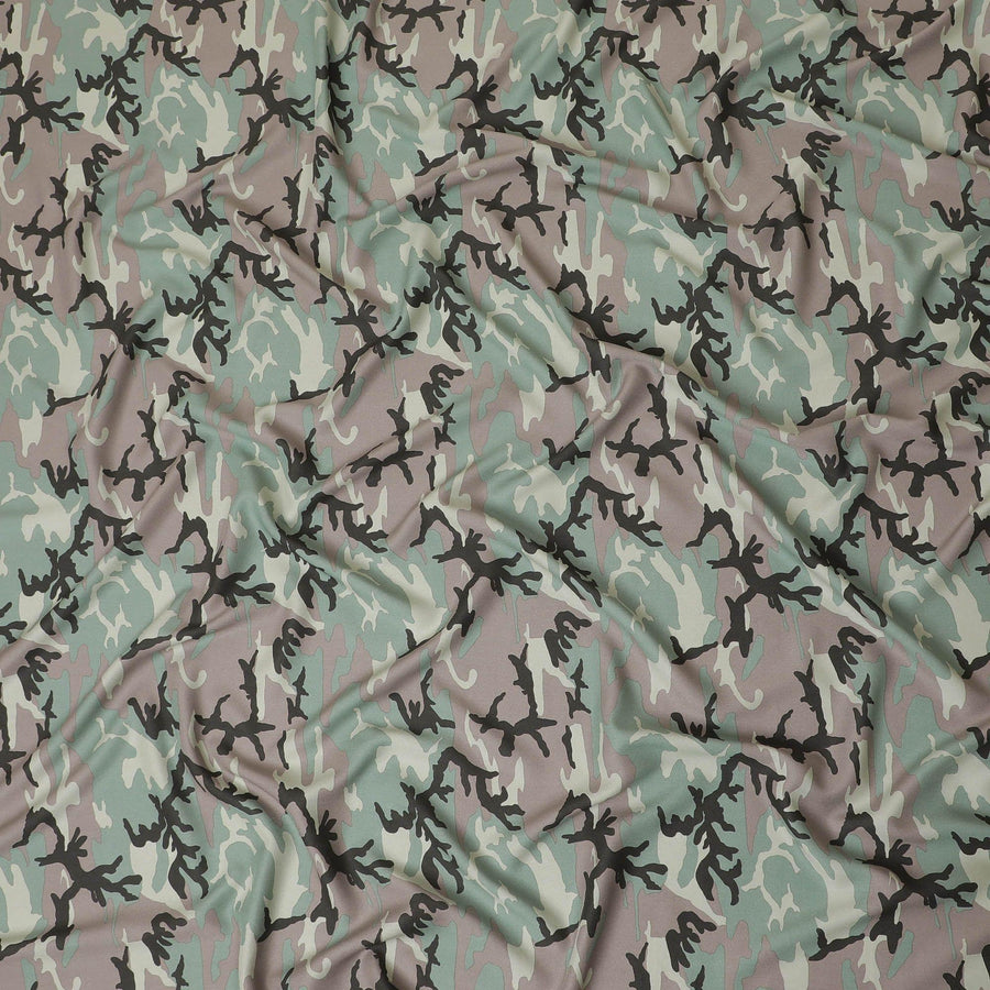 Laurel green Italian viscose fabric with pale brown and black print in abstract design-D12350