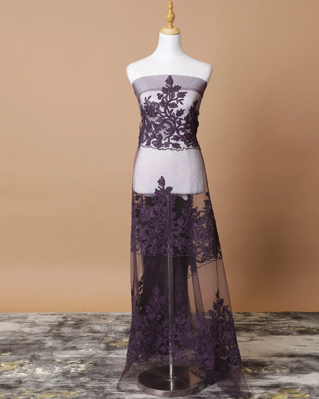 Plum nylon tulle fabric with same tone fancy embroidery in floral design-D7748 Regal Fabrics