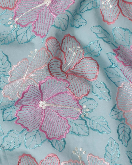 Baby blue Premium pure cotton voile fabric with same tone, beige, salmon pink and peach embroidery in floral design-D15247