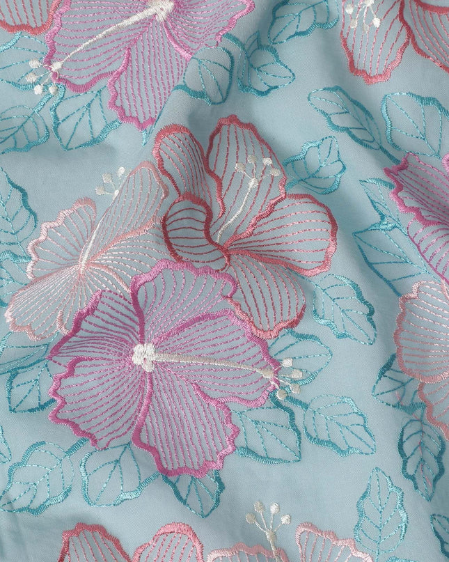 Baby blue Premium pure cotton voile fabric with same tone, beige, salmon pink and peach embroidery in floral design-D15247