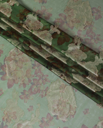 قماش شيفون من الحرير الخالص الفاخر باللون الأخضر الغابة مع طباعة بنية اللون مع لوريكس معدني ذهبي بتصميم زهور-D10782