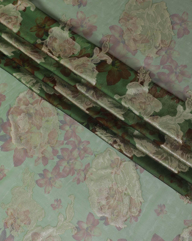 قماش شيفون من الحرير الخالص الفاخر باللون الأخضر الغابة مع طباعة بنية اللون مع لوريكس معدني ذهبي بتصميم زهور-D10782