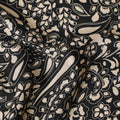 Black viscose twill printed fabric with beige prints in floral design-D11172