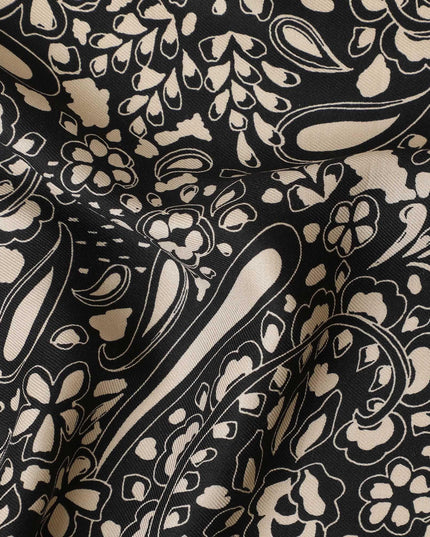 Black viscose twill printed fabric with beige prints in floral design-D11172