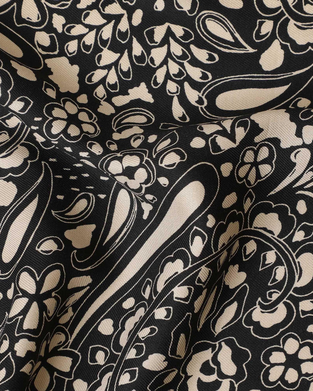 Black viscose twill printed fabric with beige prints in floral design-D11172