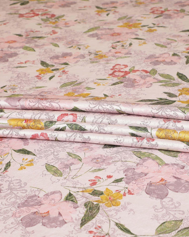 Light pink premium pure silk satin fabric with multicolor print having rose pink film metallic in floral design-D9420