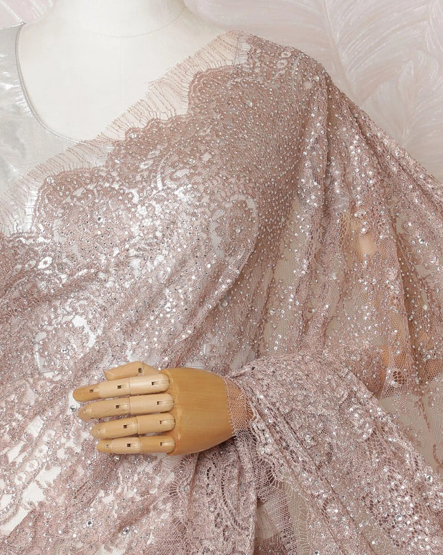 Pale brown Premium pure metallic French chantilly lace saree having stone work in floral design-D14892 Regal Fabrics