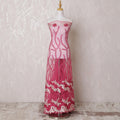 Hot pink nylon tulle fabric with same tone, beige embroidery having stone work in floral design-D14741