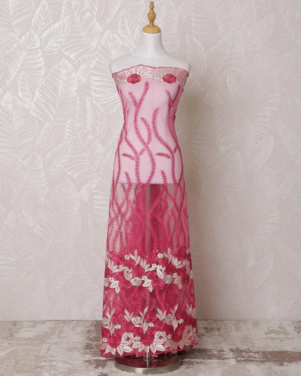 Hot pink nylon tulle fabric with same tone, beige embroidery having stone work in floral design-D14741