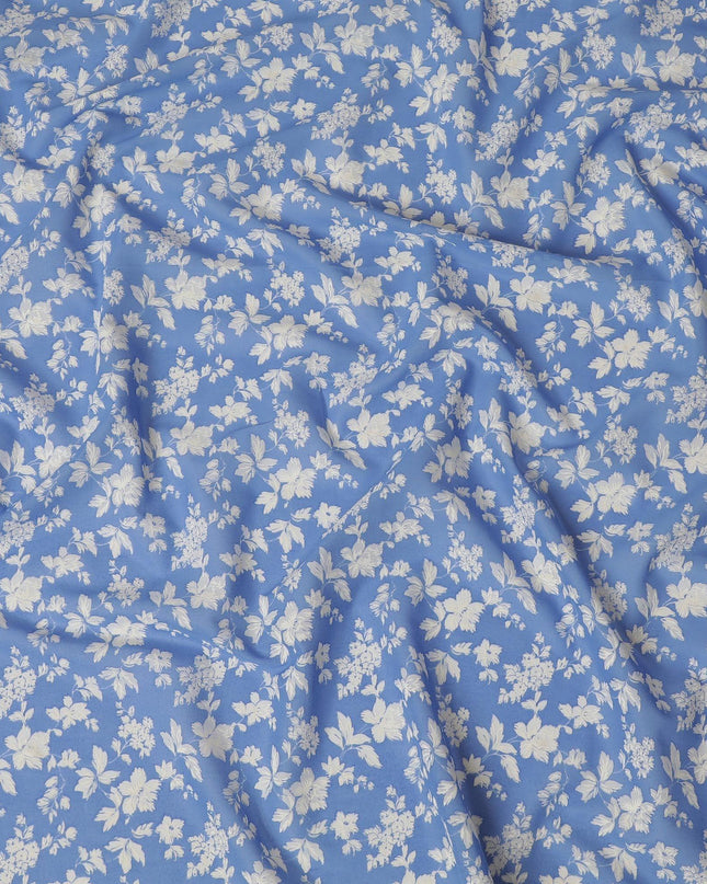 Sky blue cotton voile fabric with beige print in floral design-D15151